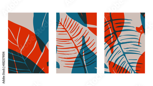Set of 3 Botanical background. Abstract plant shapes. Minimalist illustration for printing on wall decorations.