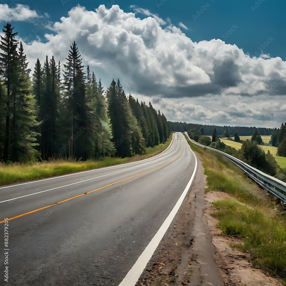 Empty Road Winding Through a Forest on a Sunny Day