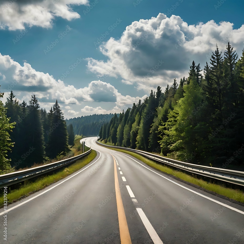 Winding Asphalt Road Through a Forest on a Sunny Day Winding Asphalt Road Through a Forest on a Sunny Day