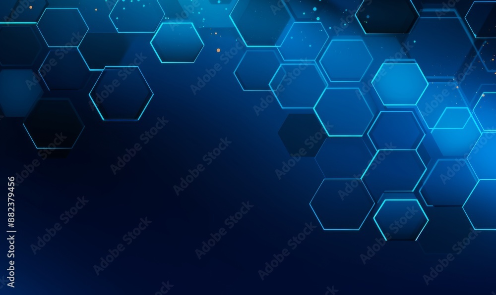 Blue background with a hexagon outline vector illustration. Digital technology and science concept, blue color, flat design, simple geometric shapes, abstract style, without any text or letters Blue background with a hexagon outline vector illustration. Digital technology and science concept, blue color, flat design, simple geometric shapes, abstract style, without any text or letters
