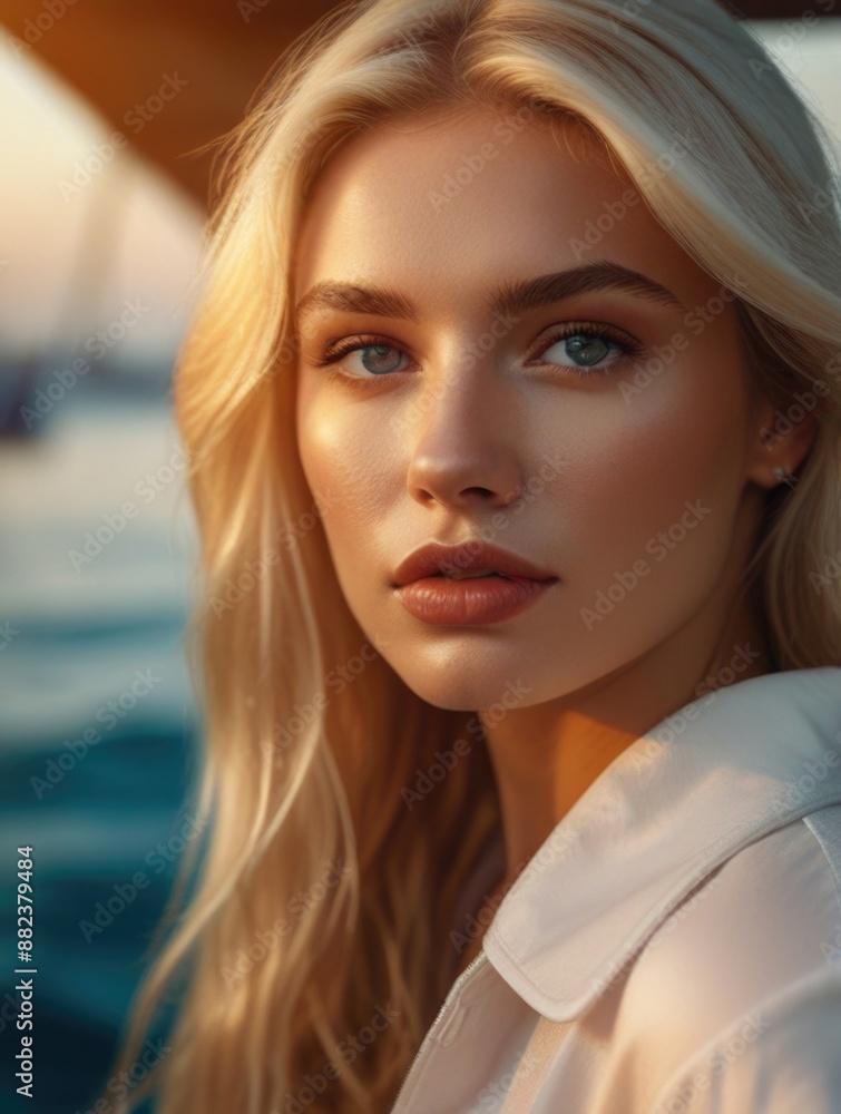 A young blonde woman wearing a white shirt in yachts A young blonde woman wearing a white shirt in yachts
