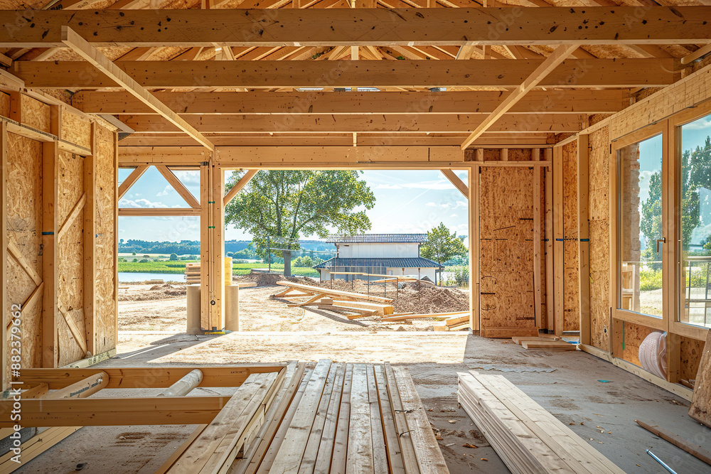 Fototapeta premium Wooden frame of a house. Construction. Generated by artificial intelligence