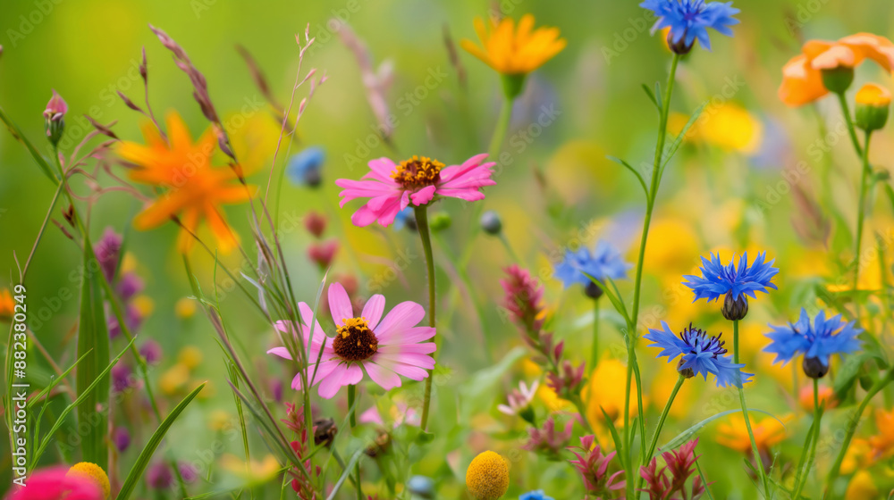 Wildflowers wallpaper. Close-up of a variety of flowers on a meadow. Wildflowers wallpaper. Close-up of a variety of flowers on a meadow.