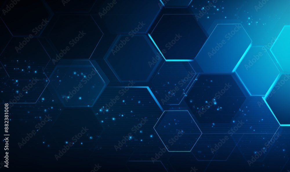 Blue background with a hexagon outline vector illustration. Digital technology and science concept, blue color, flat design, simple geometric shapes, abstract style, without any text or letters Blue background with a hexagon outline vector illustration. Digital technology and science concept, blue color, flat design, simple geometric shapes, abstract style, without any text or letters