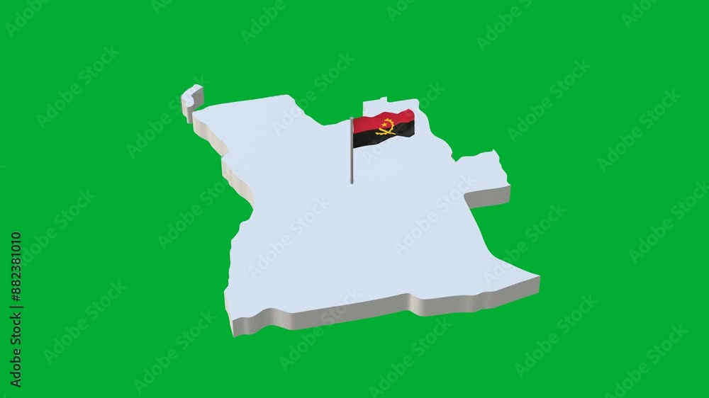 3d map of angola and above it stands the flag flying on a green ...