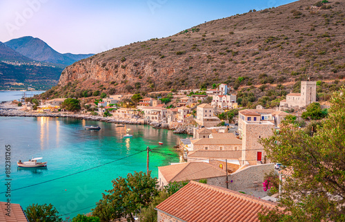 Panoramic view of Limeni in the dusk. Limeni is a small village on the Mani peninsula in the Peloponnese of mainland Greece. photo