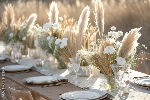 Outdoor dining scene with elegant table setting featuring white flowers, plants, pampas grass. Serene atmosphere with soft natural textures, colors. Perfect for festive banquet special occasion.