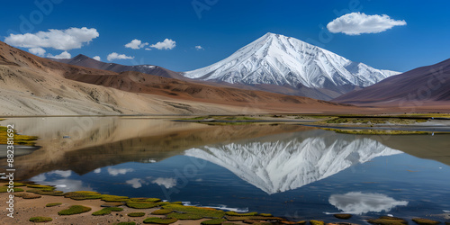 Montanhas nevadas de frente para um lago sereno