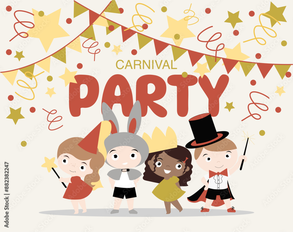 Children magic poster with princess, hare, magician and sorceress for invitation to carnival party or children's halloween Children magic poster with princess, hare, magician and sorceress for invitation to carnival party or children's halloween