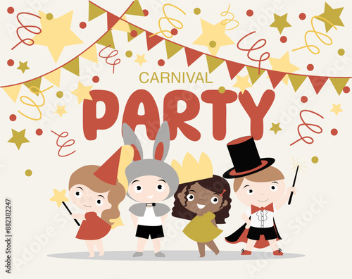 Children magic poster with princess, hare, magician and sorceress for invitation to carnival party or children's halloween
