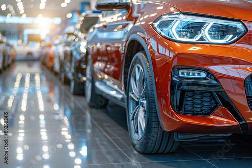 Close-up of the headlights of a luxury red car on a blurred car showroom background. Generated by artificial intelligence