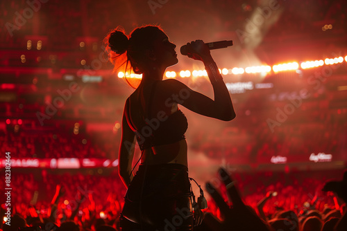 stunning female pop star delivering an energetic music performance to a packed stadium audience, highlighting the grandeur of live concerts. Photo