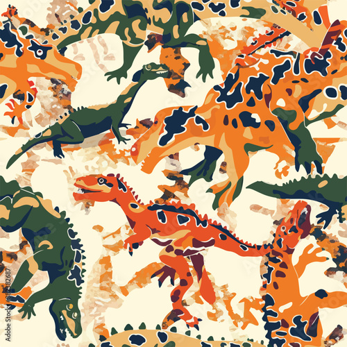 Seamless patterns featuring dinosaurs in various styles, from Cambrian to Jurassic periods. Designs include striped, camouflaged, and playful motifs. Ideal for textiles, wallpapers, and creative proje