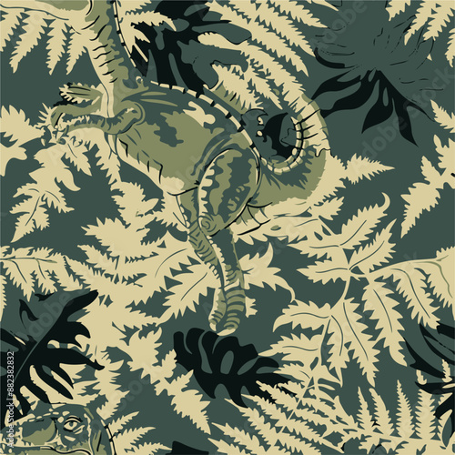 Seamless patterns featuring dinosaurs in various styles, from Cambrian to Jurassic periods. Designs include striped, camouflaged, and playful motifs. Ideal for textiles, wallpapers, and creative proje