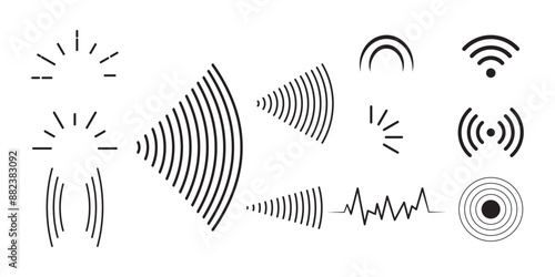 Sound wave set. Sound waves, Equalizer, Audio waves, Radio signal, Music. Recording. Analog and digital audio signal. Vector illustration. eps 10