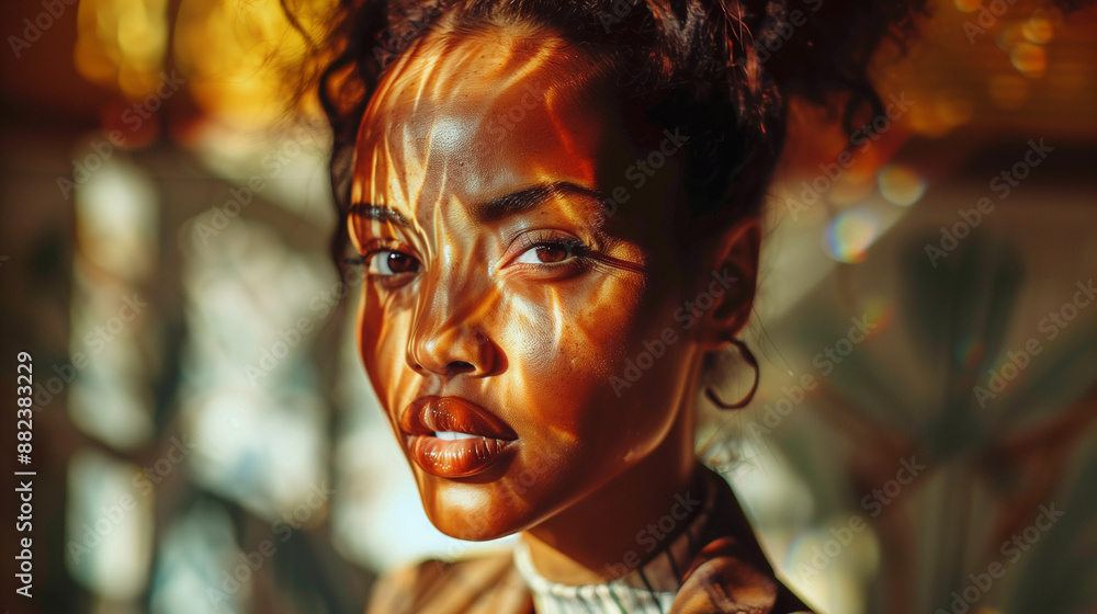Portrait d'une jeune femme à la peau noire, très élégante, en costume brun, jeux de lumière sur sa peau comme des rayures de zèbre, femme d'affaires ou de pouvoir, entrepreneure à succès Portrait d'une jeune femme à la peau noire, très élégante, en costume brun, jeux de lumière sur sa peau comme des rayures de zèbre, femme d'affaires ou de pouvoir, entrepreneure à succès
