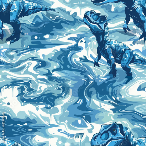 Seamless patterns featuring dinosaurs in various styles, from Cambrian to Jurassic periods. Designs include striped, camouflaged, and playful motifs. Ideal for textiles, wallpapers, and creative proje