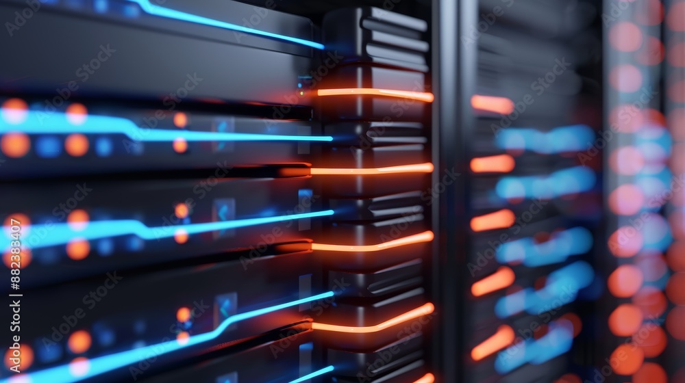 3D illustration of interconnected databases and server racks 3D illustration of interconnected databases and server racks