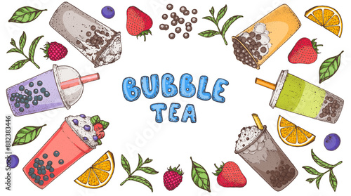 Bubble tea frame. Hand drawn vector illustration. Bubble tea sketch collection. Design template.