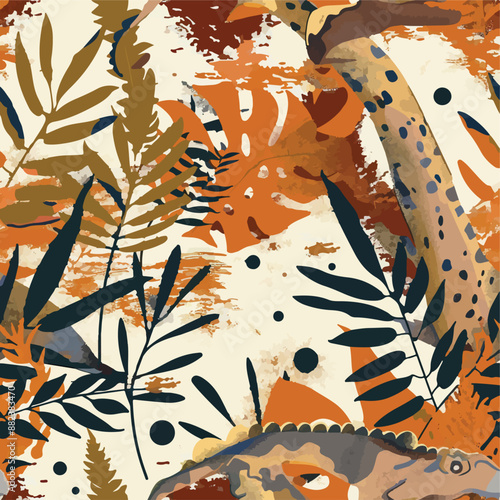 Seamless patterns featuring dinosaurs in various styles, from Cambrian to Jurassic periods. Designs include striped, camouflaged, and playful motifs. Ideal for textiles, wallpapers, and creative proje