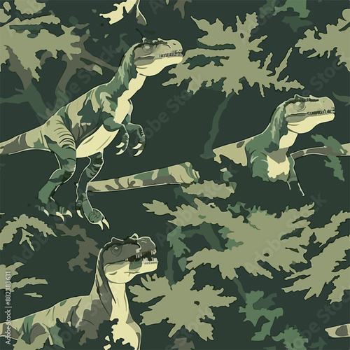 Seamless patterns featuring dinosaurs in various styles, from Cambrian to Jurassic periods. Designs include striped, camouflaged, and playful motifs. Ideal for textiles, wallpapers, and creative proje