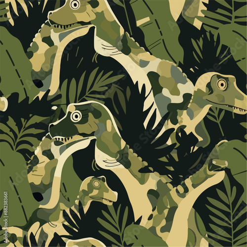 Seamless patterns featuring dinosaurs in various styles, from Cambrian to Jurassic periods. Designs include striped, camouflaged, and playful motifs. Ideal for textiles, wallpapers, and creative proje