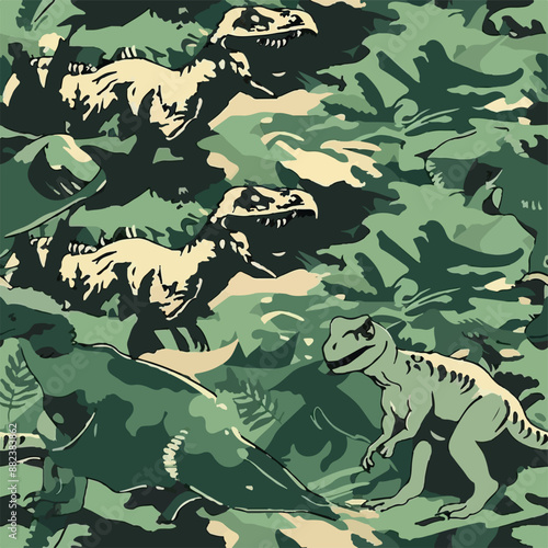 Seamless patterns featuring dinosaurs in various styles, from Cambrian to Jurassic periods. Designs include striped, camouflaged, and playful motifs. Ideal for textiles, wallpapers, and creative proje