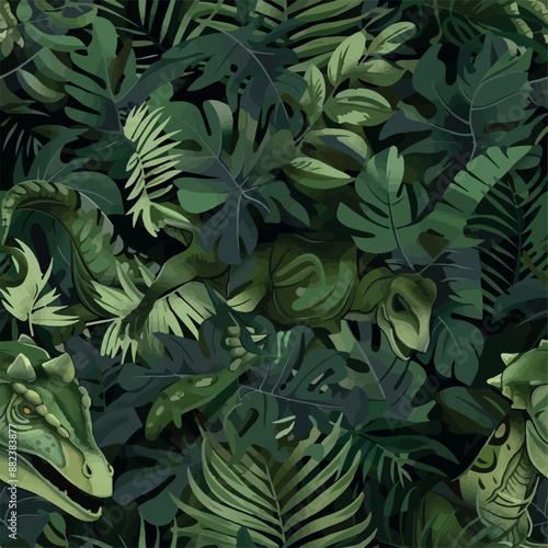 Seamless patterns featuring dinosaurs in various styles, from Cambrian to Jurassic periods. Designs include striped, camouflaged, and playful motifs. Ideal for textiles, wallpapers, and creative proje