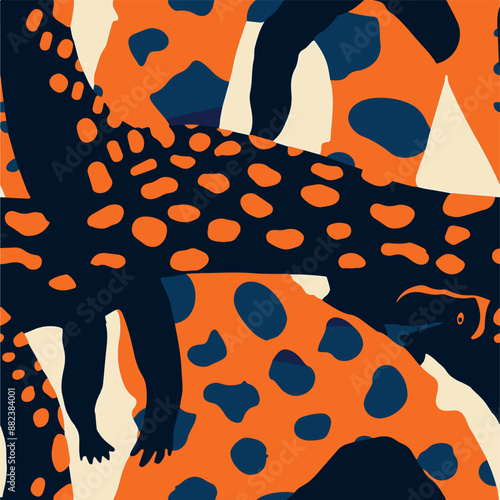 Seamless patterns featuring dinosaurs in various styles, from Cambrian to Jurassic periods. Designs include striped, camouflaged, and playful motifs. Ideal for textiles, wallpapers, and creative proje
