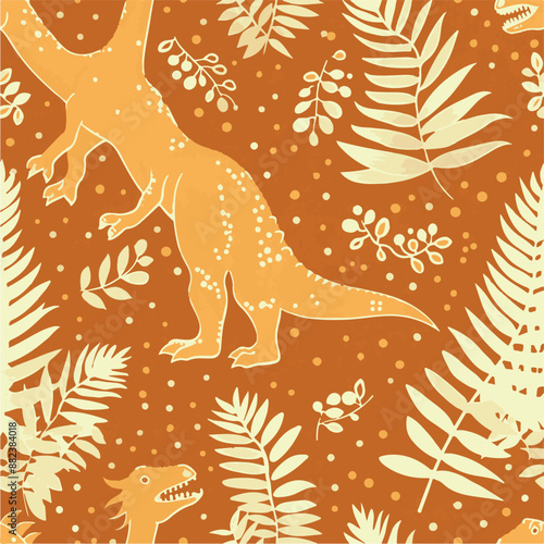 Seamless patterns featuring dinosaurs in various styles, from Cambrian to Jurassic periods. Designs include striped, camouflaged, and playful motifs. Ideal for textiles, wallpapers, and creative proje