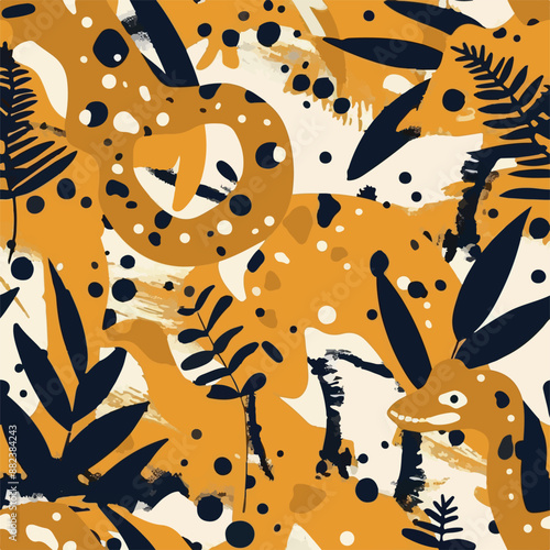 Seamless patterns featuring dinosaurs in various styles, from Cambrian to Jurassic periods. Designs include striped, camouflaged, and playful motifs. Ideal for textiles, wallpapers, and creative proje