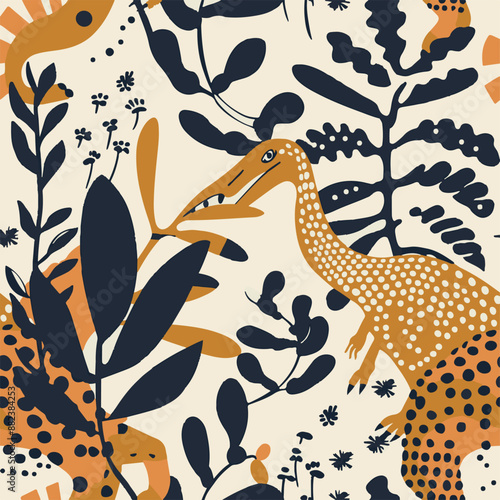Seamless patterns featuring dinosaurs in various styles, from Cambrian to Jurassic periods. Designs include striped, camouflaged, and playful motifs. Ideal for textiles, wallpapers, and creative proje