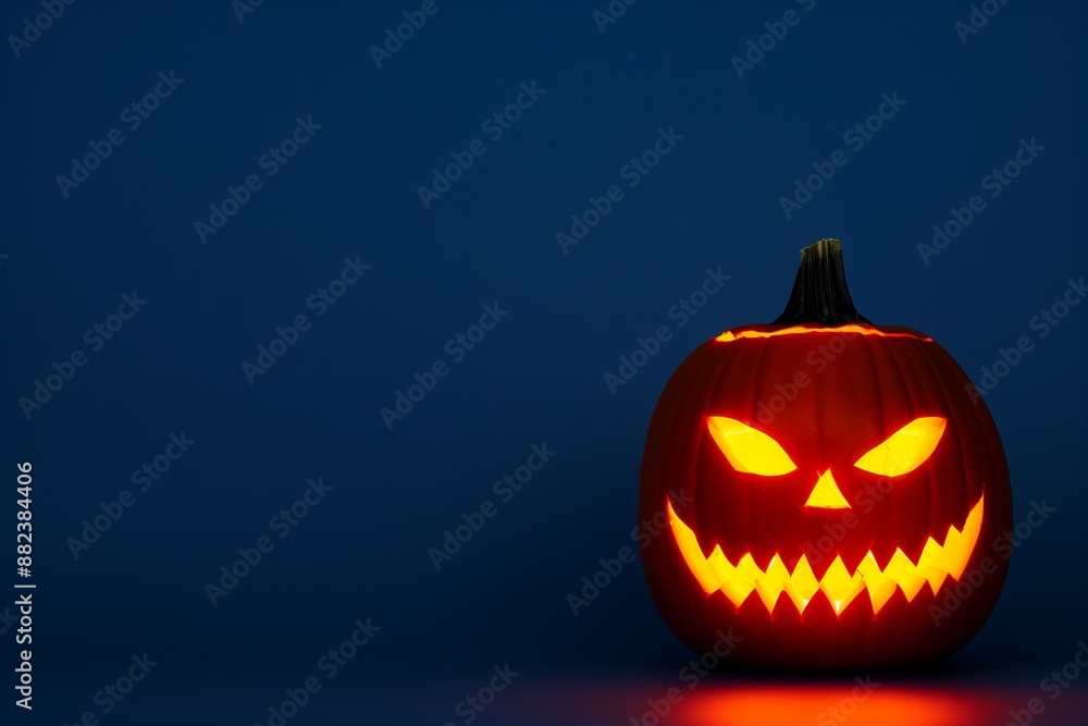 Naklejka premium glowing carved pumpkin on dark background, background for Halloween greetings, greetings, banner, realistic volumetric pumpkin, free space for text