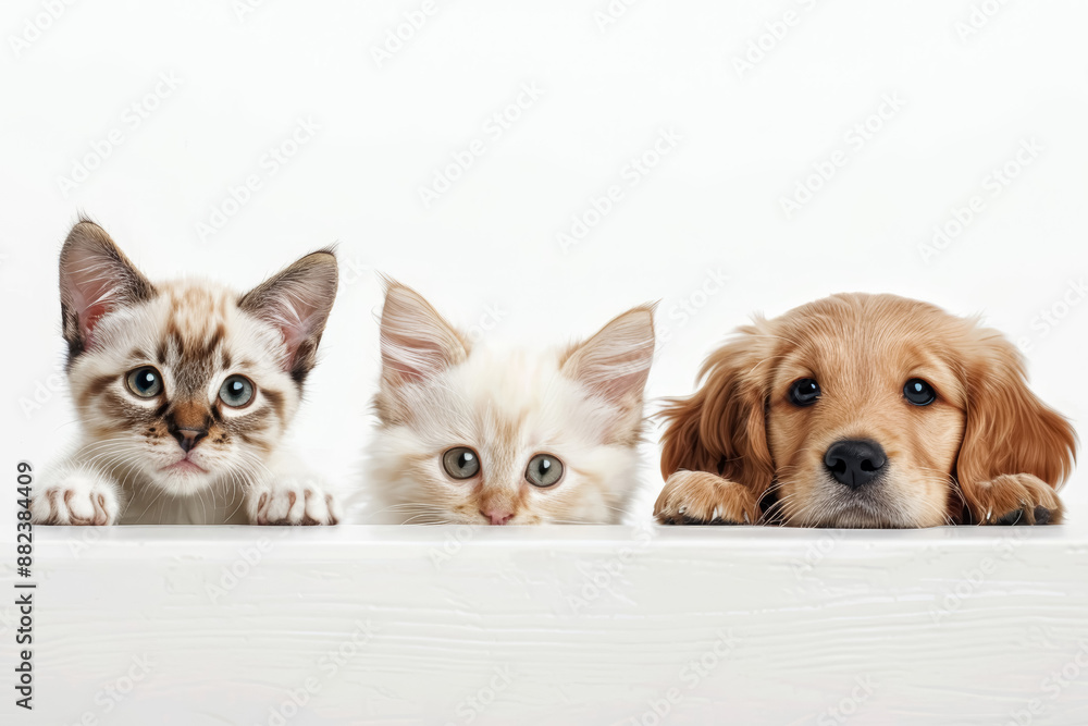 Two cute kittens and a puppy peeking over the edge of an empty table isolated on white background. Two cute kittens and a puppy peeking over the edge of an empty table isolated on white background.