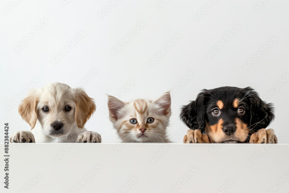 A kitten kittens and two cute puppies peeking over the edge of an empty table. A kitten kittens and two cute puppies peeking over the edge of an empty table.