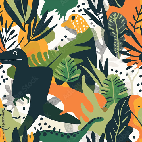 Seamless patterns featuring dinosaurs in various styles, from Cambrian to Jurassic periods. Designs include striped, camouflaged, and playful motifs. Ideal for textiles, wallpapers, and creative proje