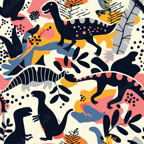Seamless patterns featuring dinosaurs in various styles, from Cambrian to Jurassic periods. Designs include striped, camouflaged, and playful motifs. Ideal for textiles, wallpapers, and creative proje