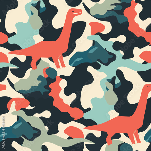 Seamless patterns featuring dinosaurs in various styles, from Cambrian to Jurassic periods. Designs include striped, camouflaged, and playful motifs. Ideal for textiles, wallpapers, and creative proje