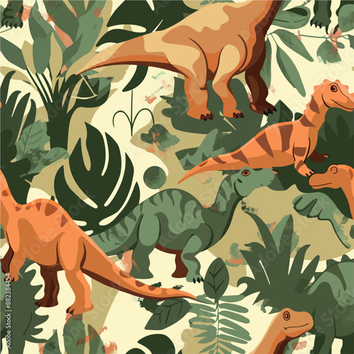 Seamless patterns featuring dinosaurs in various styles, from Cambrian to Jurassic periods. Designs include striped, camouflaged, and playful motifs. Ideal for textiles, wallpapers, and creative proje