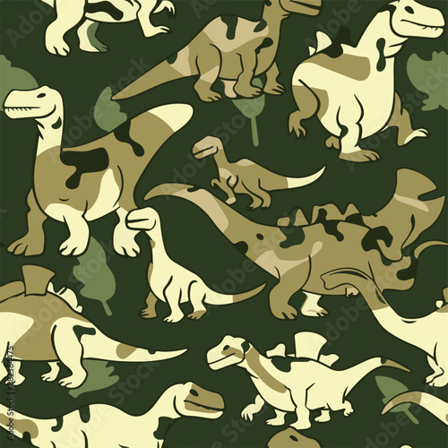 Seamless patterns featuring dinosaurs in various styles, from Cambrian to Jurassic periods. Designs include striped, camouflaged, and playful motifs. Ideal for textiles, wallpapers, and creative proje