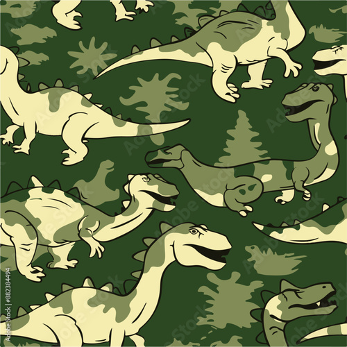 Seamless patterns featuring dinosaurs in various styles, from Cambrian to Jurassic periods. Designs include striped, camouflaged, and playful motifs. Ideal for textiles, wallpapers, and creative proje