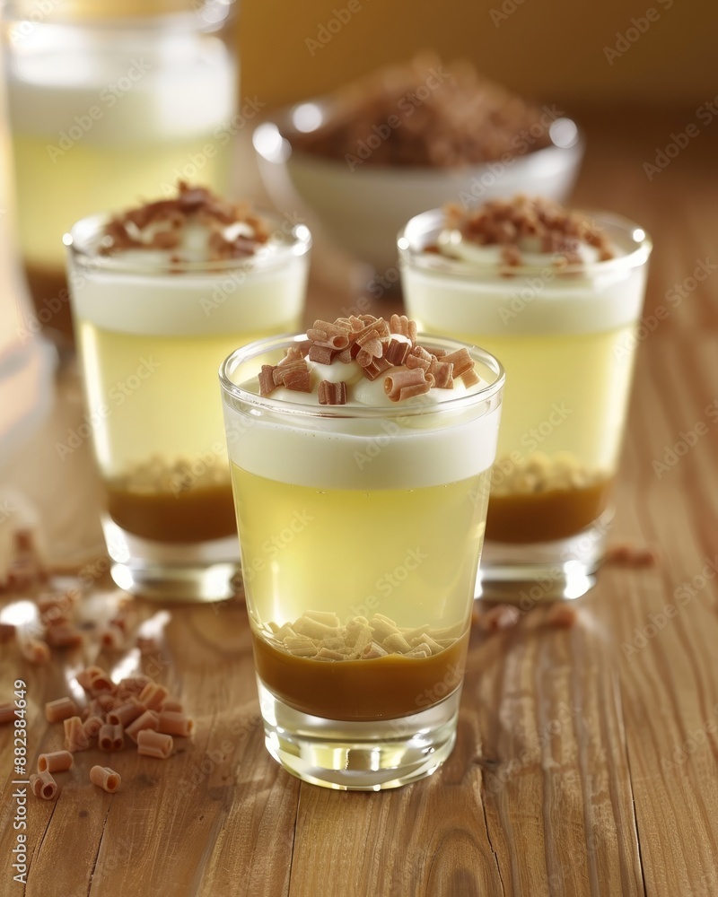 Three Glass Cups of Creamy Dessert with Caramel Sauce, Whipped Cream, and Crumb Topping Three Glass Cups of Creamy Dessert with Caramel Sauce, Whipped Cream, and Crumb Topping