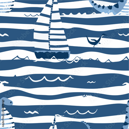Seamless patterns featuring dinosaurs in various styles, from Cambrian to Jurassic periods. Designs include striped, camouflaged, and playful motifs. Ideal for textiles, wallpapers, and creative proje