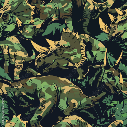 Seamless patterns featuring dinosaurs in various styles, from Cambrian to Jurassic periods. Designs include striped, camouflaged, and playful motifs. Ideal for textiles, wallpapers, and creative proje