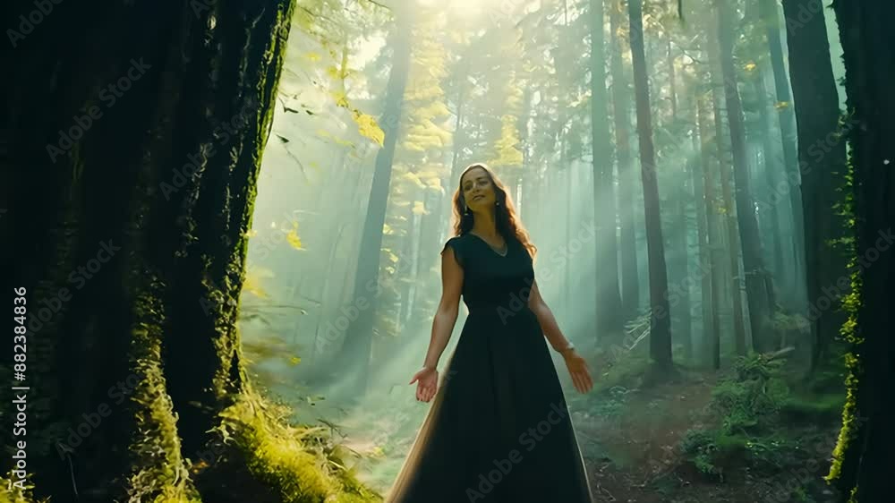 Woman Stands Between Tall Trees in Misty Forest During Morning Sunlight Woman Stands Between Tall Trees in Misty Forest During Morning Sunlight
