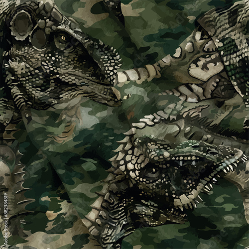 Seamless patterns featuring dinosaurs in various styles, from Cambrian to Jurassic periods. Designs include striped, camouflaged, and playful motifs. Ideal for textiles, wallpapers, and creative proje
