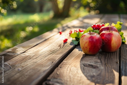 Three Red Apples and Red Currants on Wooden Table with Natural Background, Autumn Harvest Concept