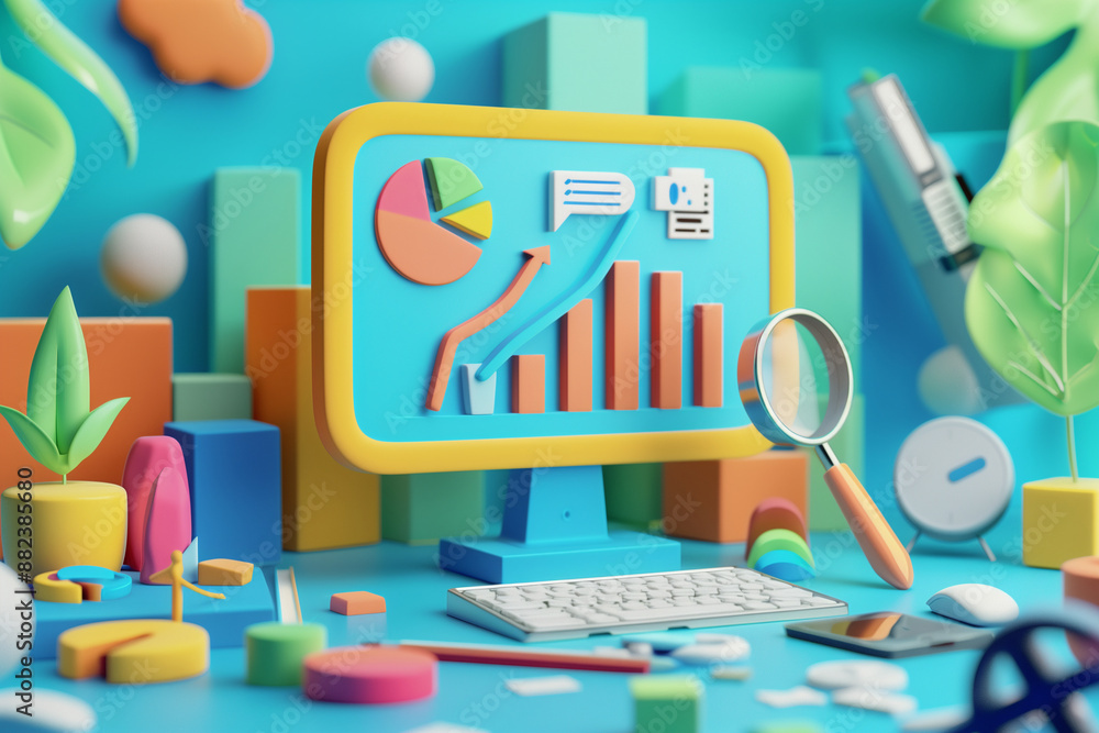 3D style illustration with seo and data search elements on a screen 3D style illustration with seo and data search elements on a screen