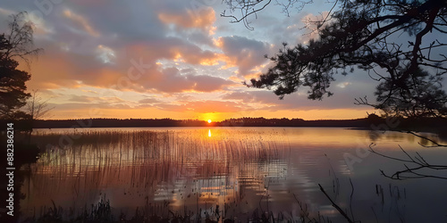 Pôr do sol vívido sobre um lago sereno photo