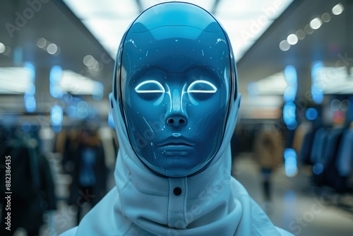 A blue robot mannequin stands in a retail store, its eyes glowing with a soft light, suggesting a futuristic vision for shopping.